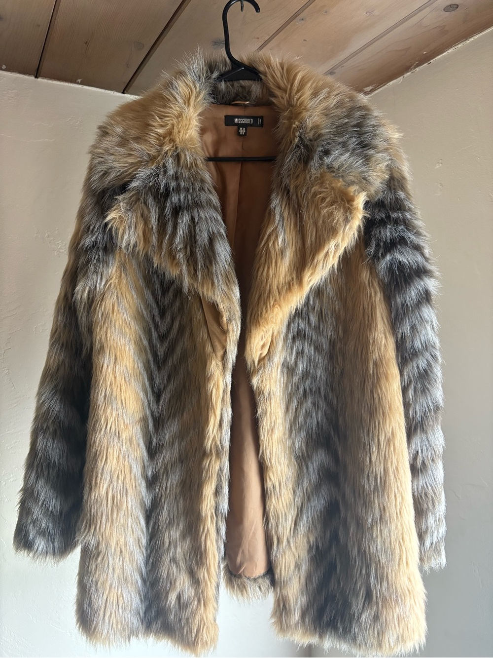 Missguided Faux Fur Teddy Coat in Brown and Gray Size M